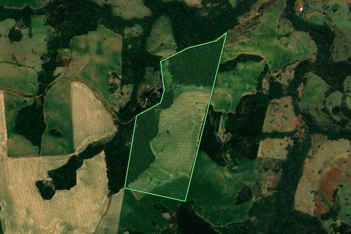 Imagem de satélite do imóvel rural em Mato Rico (PR), com o contorno declarado no CAR desenhado por cima.
