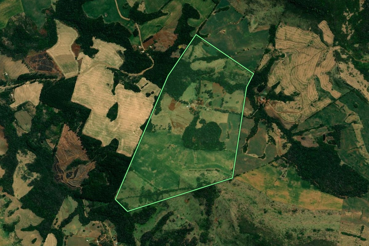 Imagem de satélite do imóvel rural em Mato Rico (PR), com o contorno declarado no CAR desenhado por cima.
