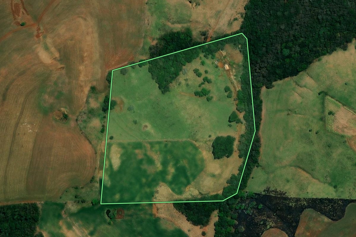Imagem de satélite do imóvel rural em Mato Rico (PR), com o contorno declarado no CAR desenhado por cima.