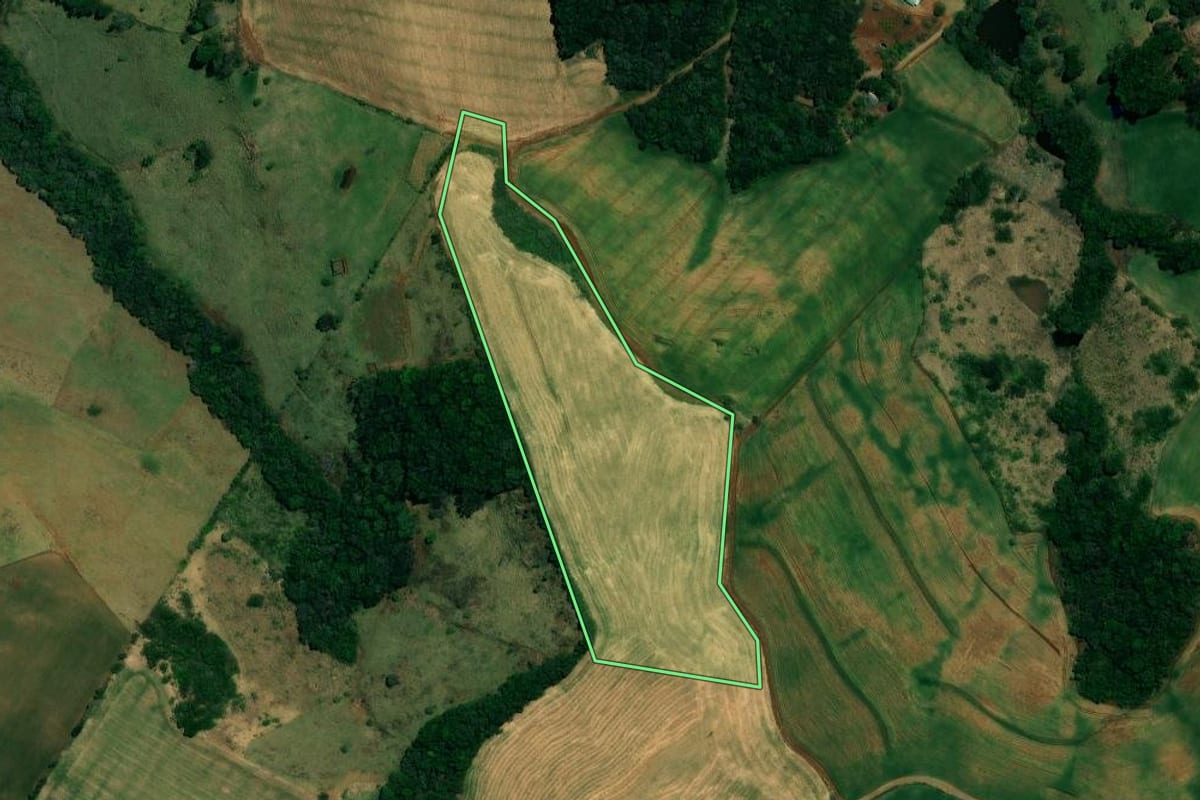 Imagem de satélite do imóvel rural em Mato Rico (PR), com o contorno declarado no CAR desenhado por cima.