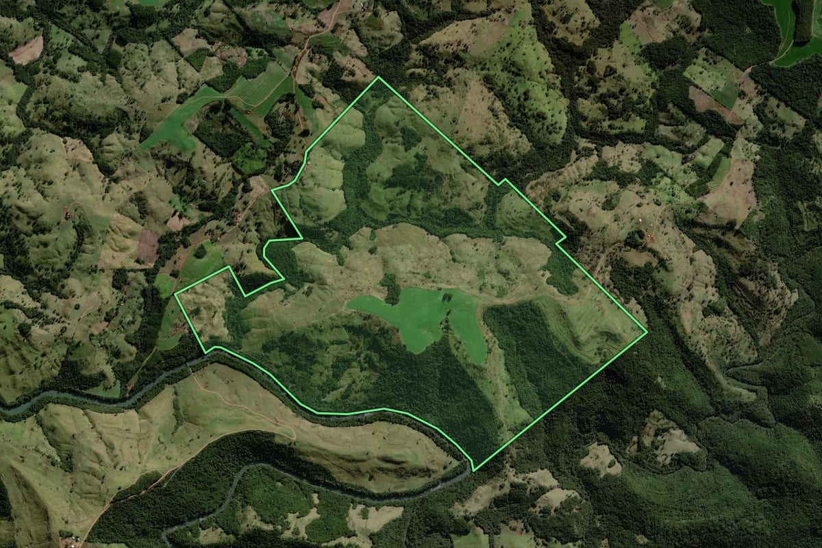 Imagem de satélite do imóvel rural em Mato Rico (PR), com o contorno declarado no CAR desenhado por cima.