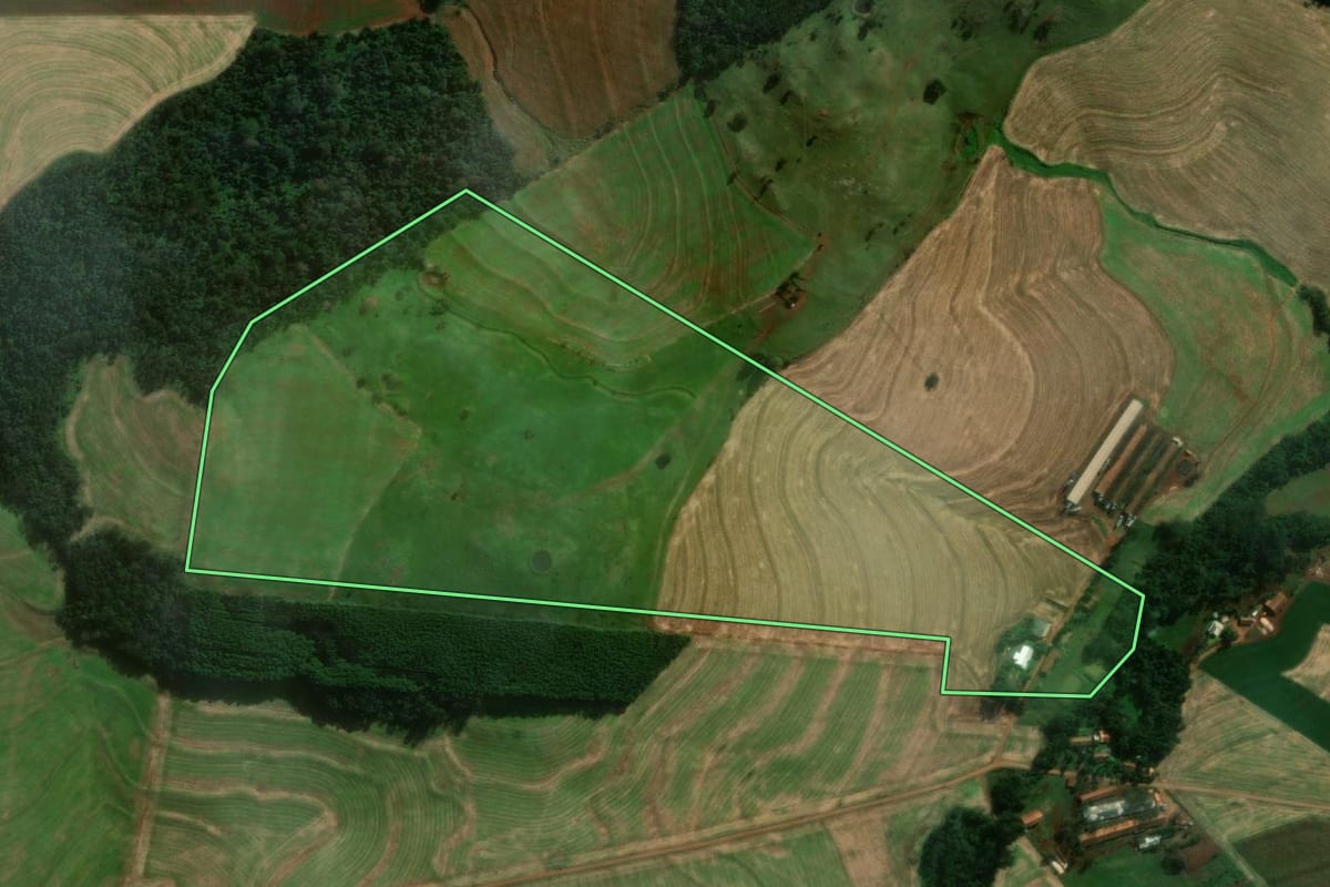 Imagem de satélite do imóvel rural em Medianeira (PR), com o contorno declarado no CAR desenhado por cima.