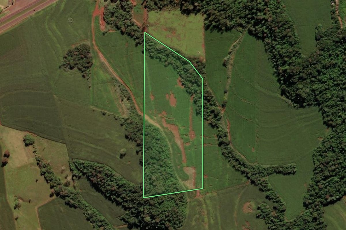 Imagem de satélite do imóvel rural em Medianeira (PR), com o contorno declarado no CAR desenhado por cima.