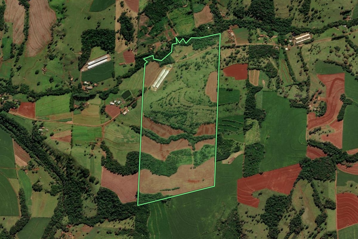 Imagem de satélite do imóvel rural em Medianeira (PR), com o contorno declarado no CAR desenhado por cima.