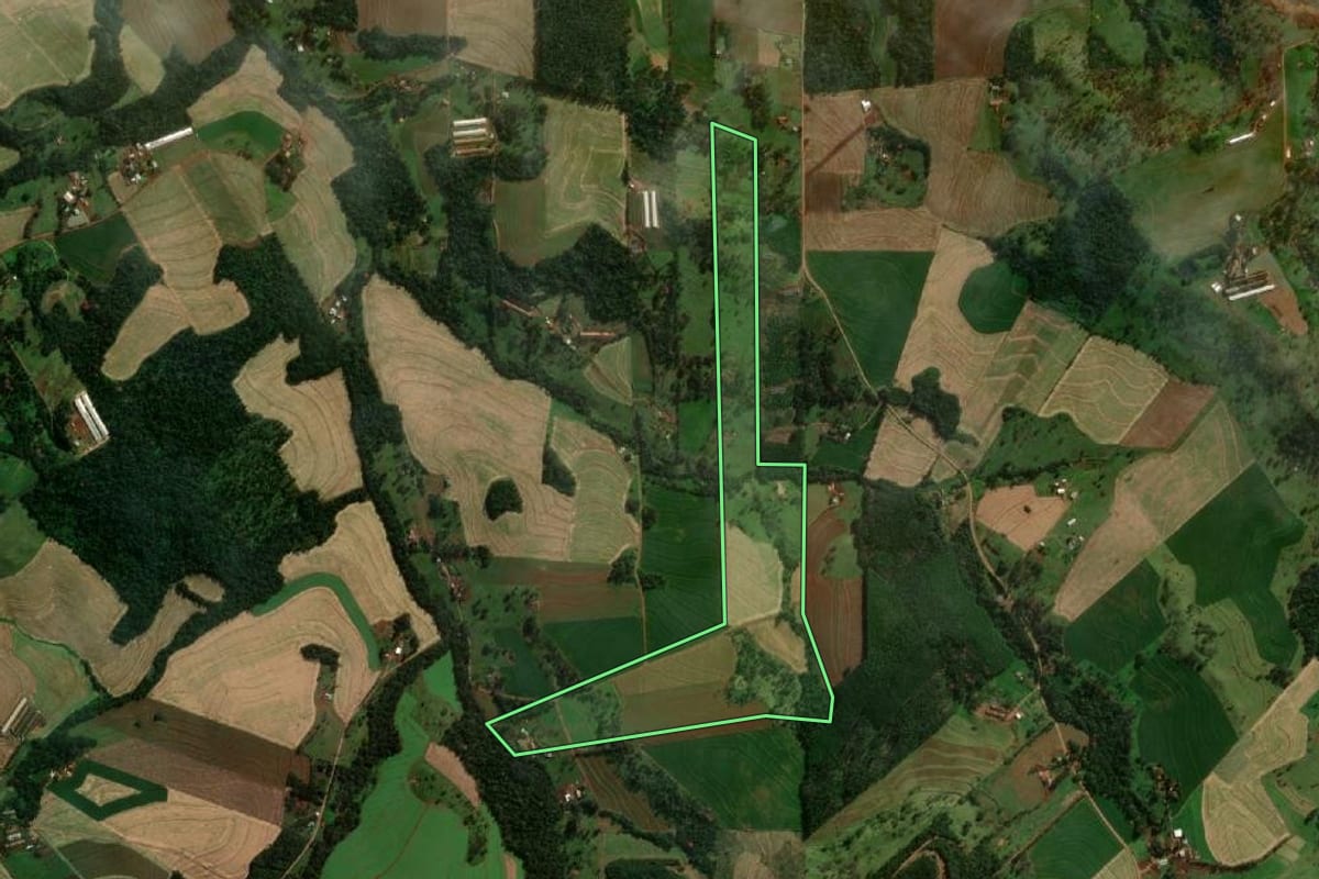 Imagem de satélite do imóvel rural em Medianeira (PR), com o contorno declarado no CAR desenhado por cima.
