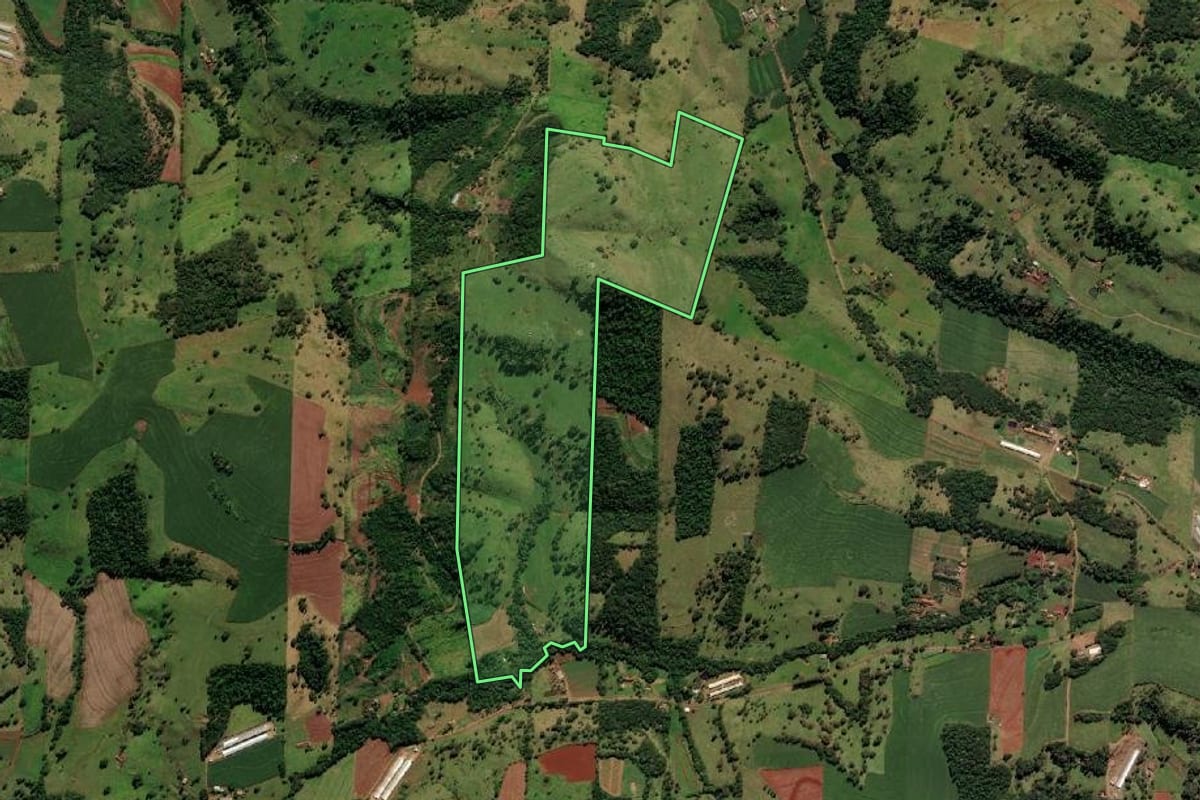 Imagem de satélite do imóvel rural em Medianeira (PR), com o contorno declarado no CAR desenhado por cima.