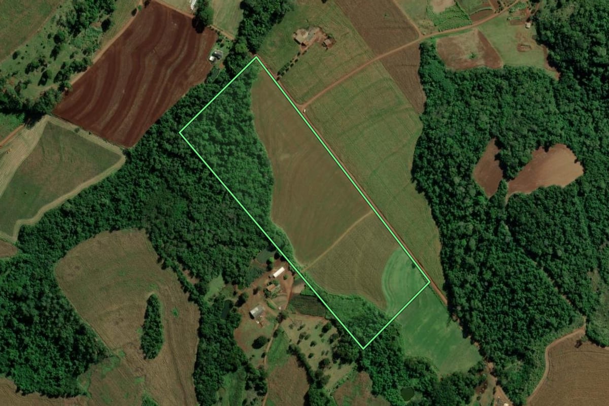 Imagem de satélite do imóvel rural em Mercedes (PR), com o contorno declarado no CAR desenhado por cima.