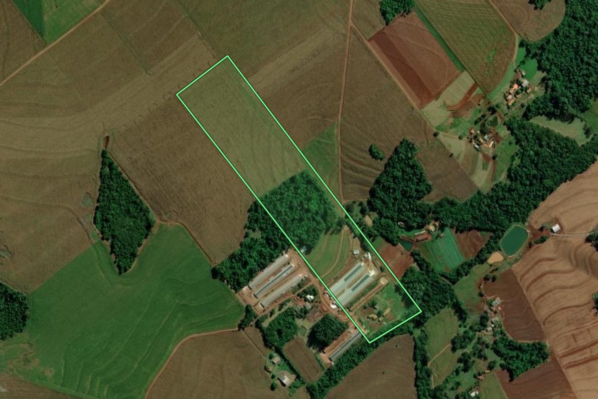 Imagem de satélite do imóvel rural em Mercedes (PR), com o contorno declarado no CAR desenhado por cima.