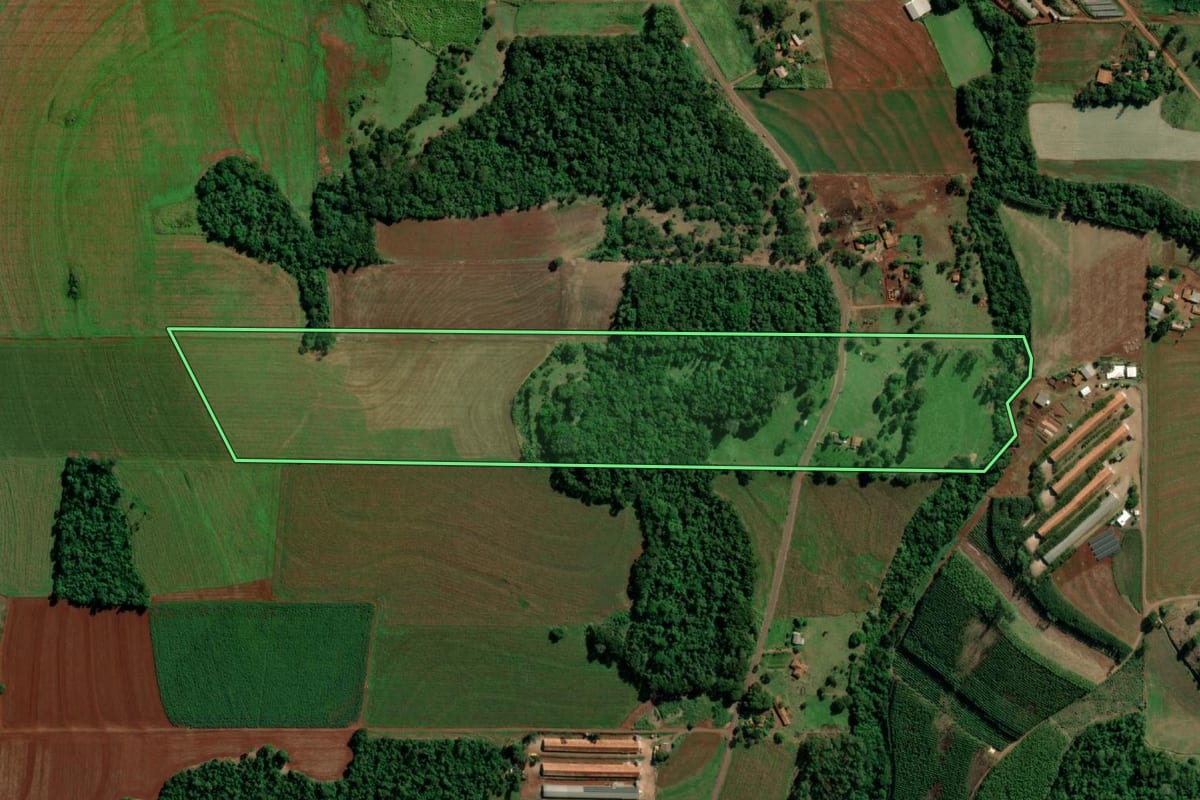 Imagem de satélite do imóvel rural em Mercedes (PR), com o contorno declarado no CAR desenhado por cima.