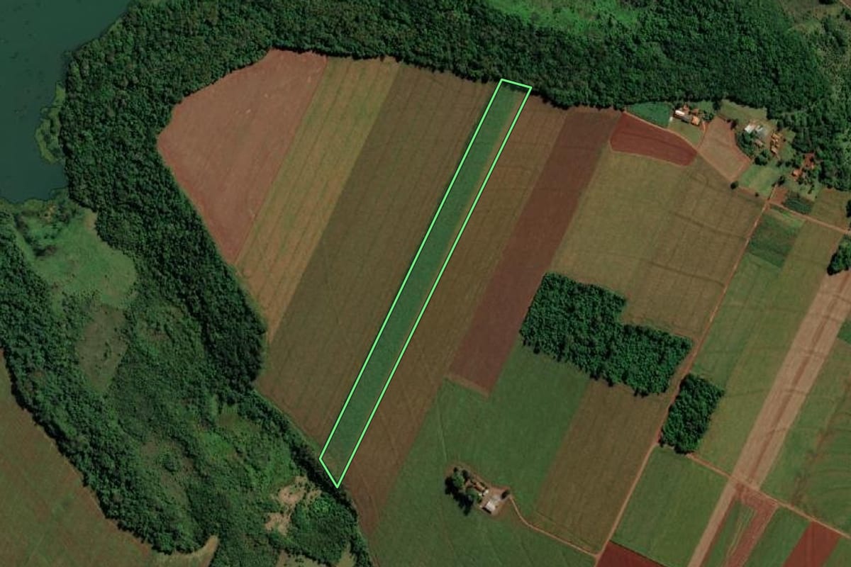 Imagem de satélite do imóvel rural em Mercedes (PR), com o contorno declarado no CAR desenhado por cima.