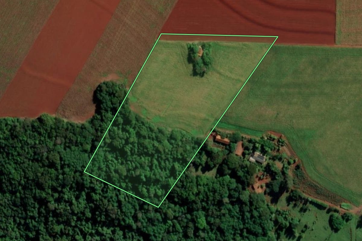 Imagem de satélite do imóvel rural em Mercedes (PR), com o contorno declarado no CAR desenhado por cima.