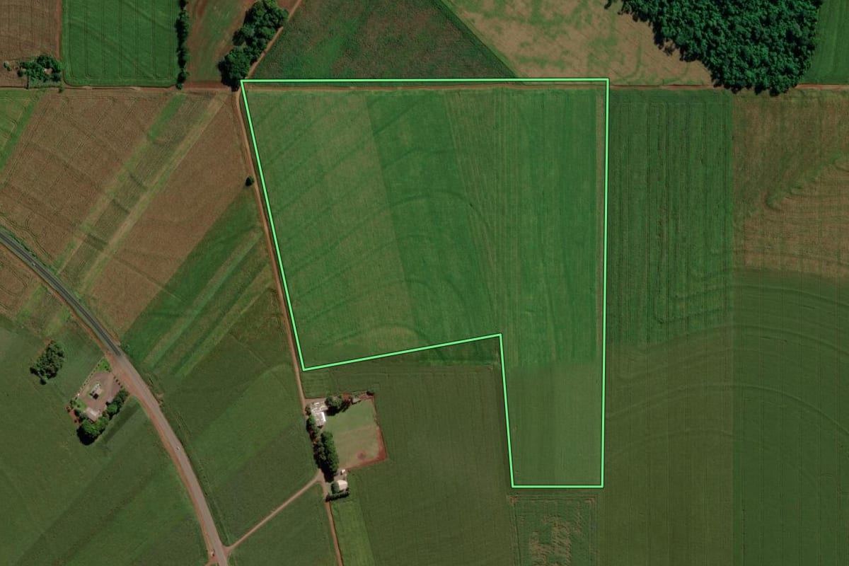 Imagem de satélite do imóvel rural em Mercedes (PR), com o contorno declarado no CAR desenhado por cima.