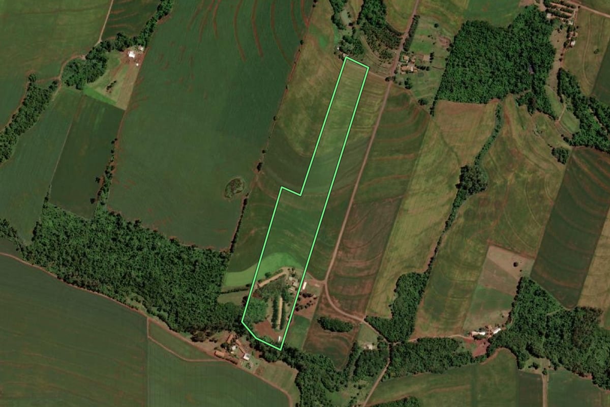 Imagem de satélite do imóvel rural em Mercedes (PR), com o contorno declarado no CAR desenhado por cima.