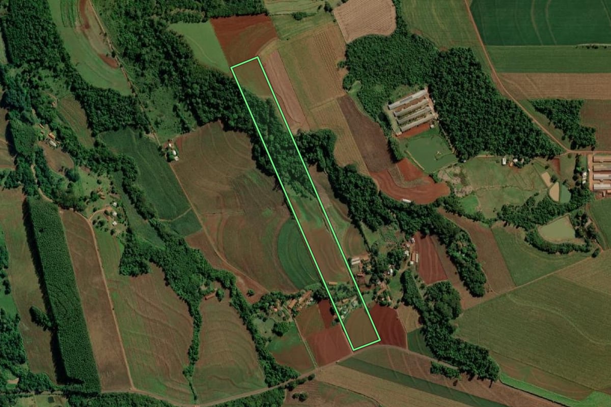 Imagem de satélite do imóvel rural em Mercedes (PR), com o contorno declarado no CAR desenhado por cima.