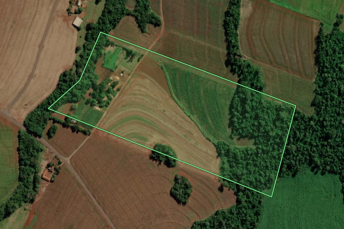 Imagem de satélite do imóvel rural em Mercedes (PR), com o contorno declarado no CAR desenhado por cima.