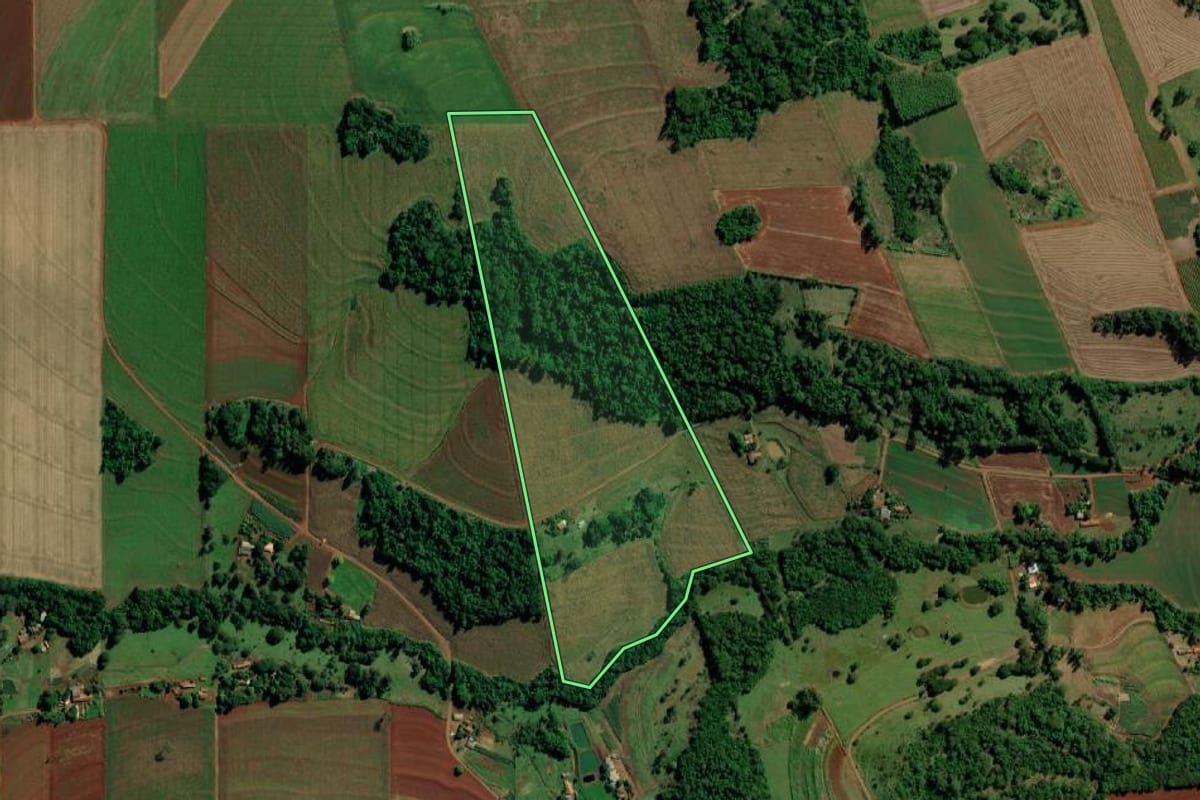 Imagem de satélite do imóvel rural em Mercedes (PR), com o contorno declarado no CAR desenhado por cima.