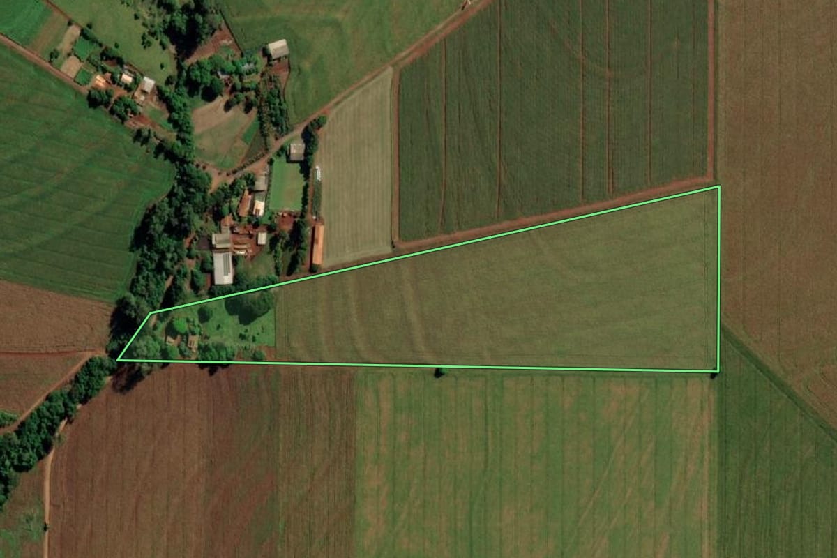 Imagem de satélite do imóvel rural em Mercedes (PR), com o contorno declarado no CAR desenhado por cima.