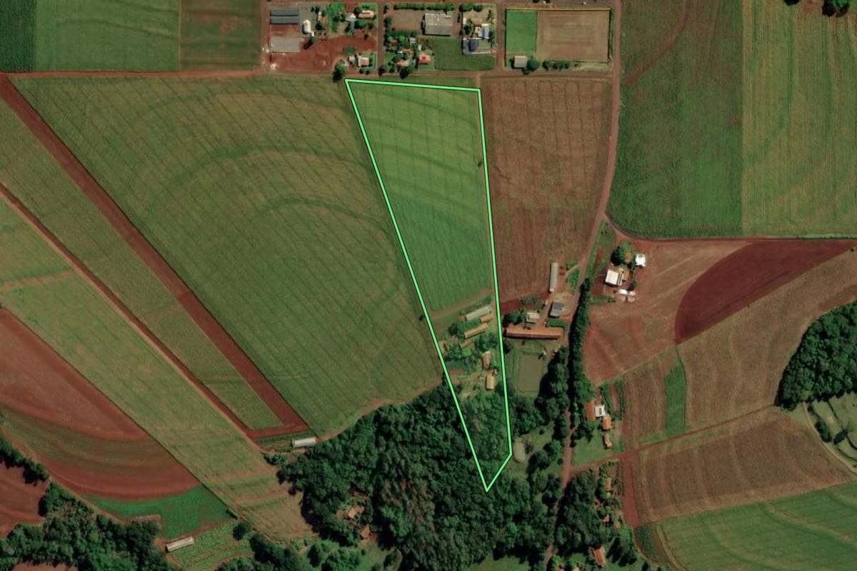 Imagem de satélite do imóvel rural em Mercedes (PR), com o contorno declarado no CAR desenhado por cima.
