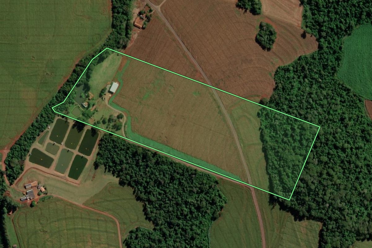 Imagem de satélite do imóvel rural em Mercedes (PR), com o contorno declarado no CAR desenhado por cima.