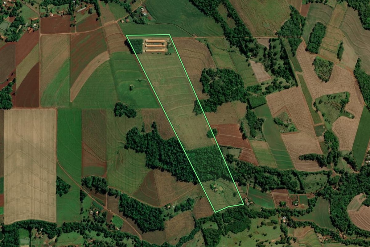 Imagem de satélite do imóvel rural em Mercedes (PR), com o contorno declarado no CAR desenhado por cima.