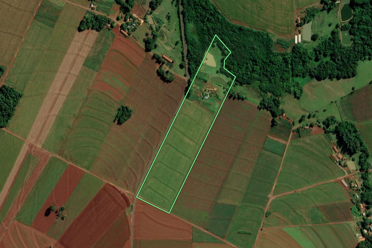 Imagem de satélite do imóvel rural em Mercedes (PR), com o contorno declarado no CAR desenhado por cima.