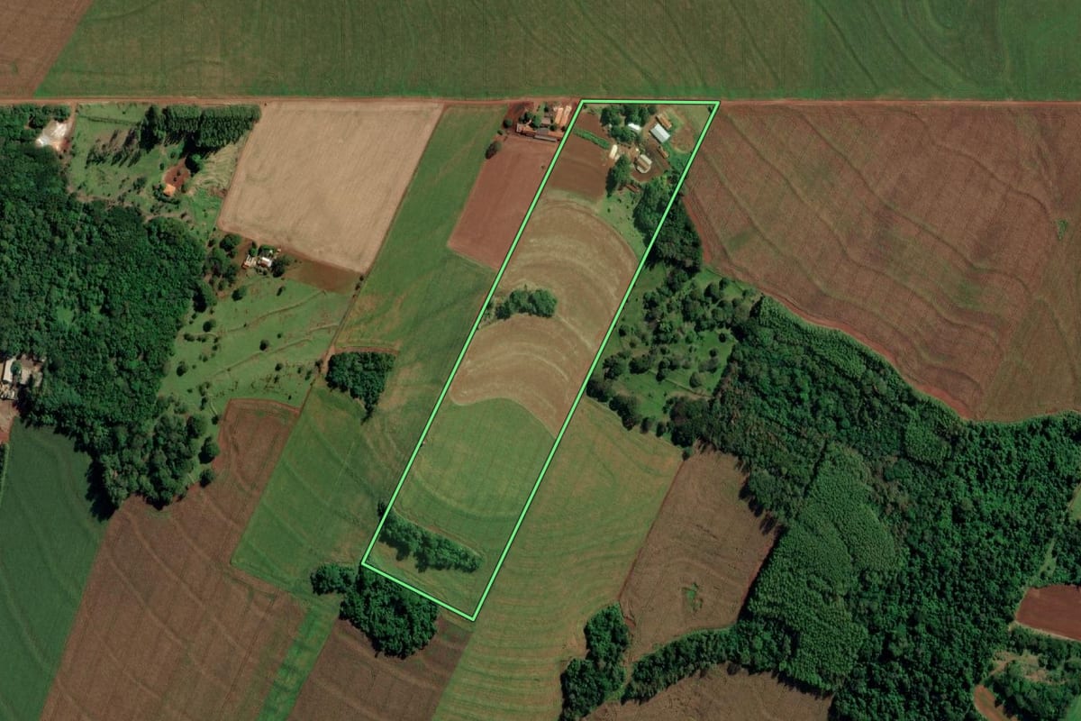 Imagem de satélite do imóvel rural em Mercedes (PR), com o contorno declarado no CAR desenhado por cima.