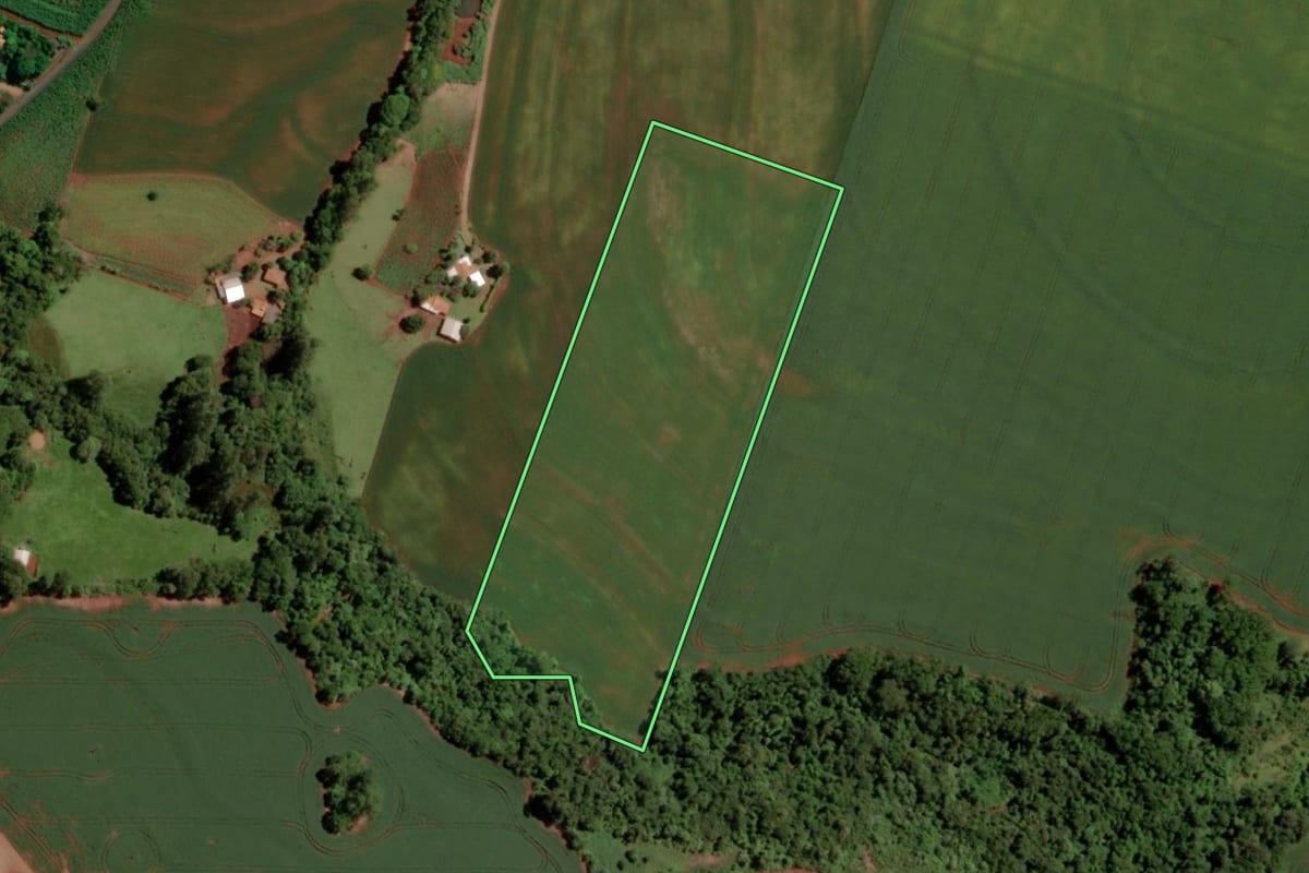 Imagem de satélite do imóvel rural em Mercedes (PR), com o contorno declarado no CAR desenhado por cima.