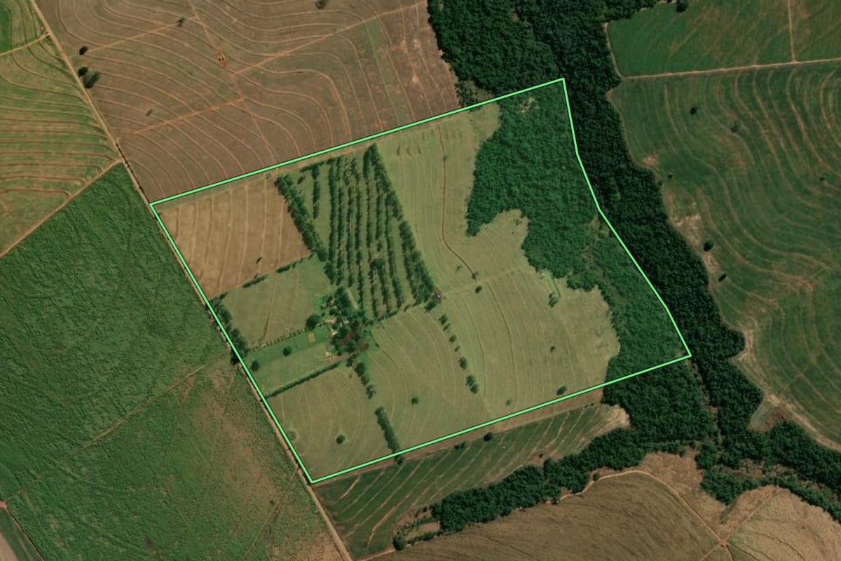Imagem de satélite do imóvel rural em Mirador (PR), com o contorno declarado no CAR desenhado por cima.