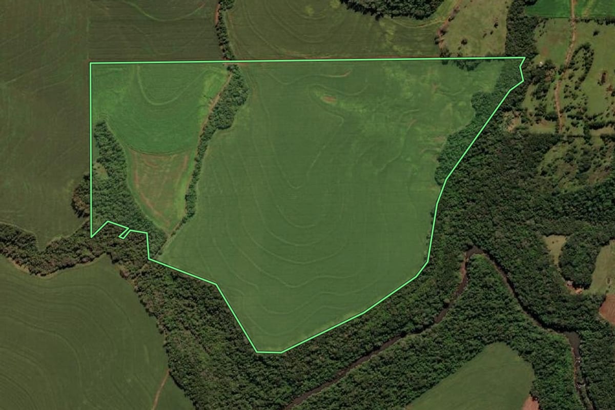 Imagem de satélite do imóvel rural em Missal (PR), com o contorno declarado no CAR desenhado por cima.
