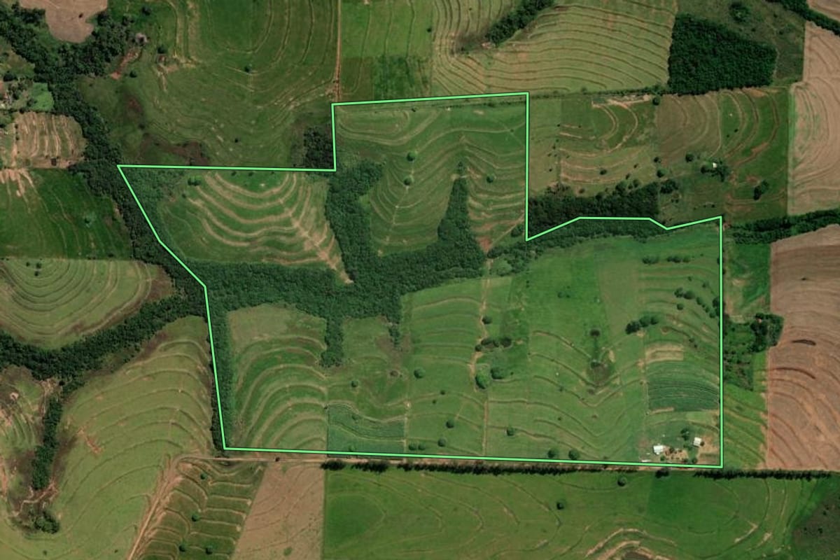 Imagem de satélite do imóvel rural em Moreira Sales (PR), com o contorno declarado no CAR desenhado por cima.