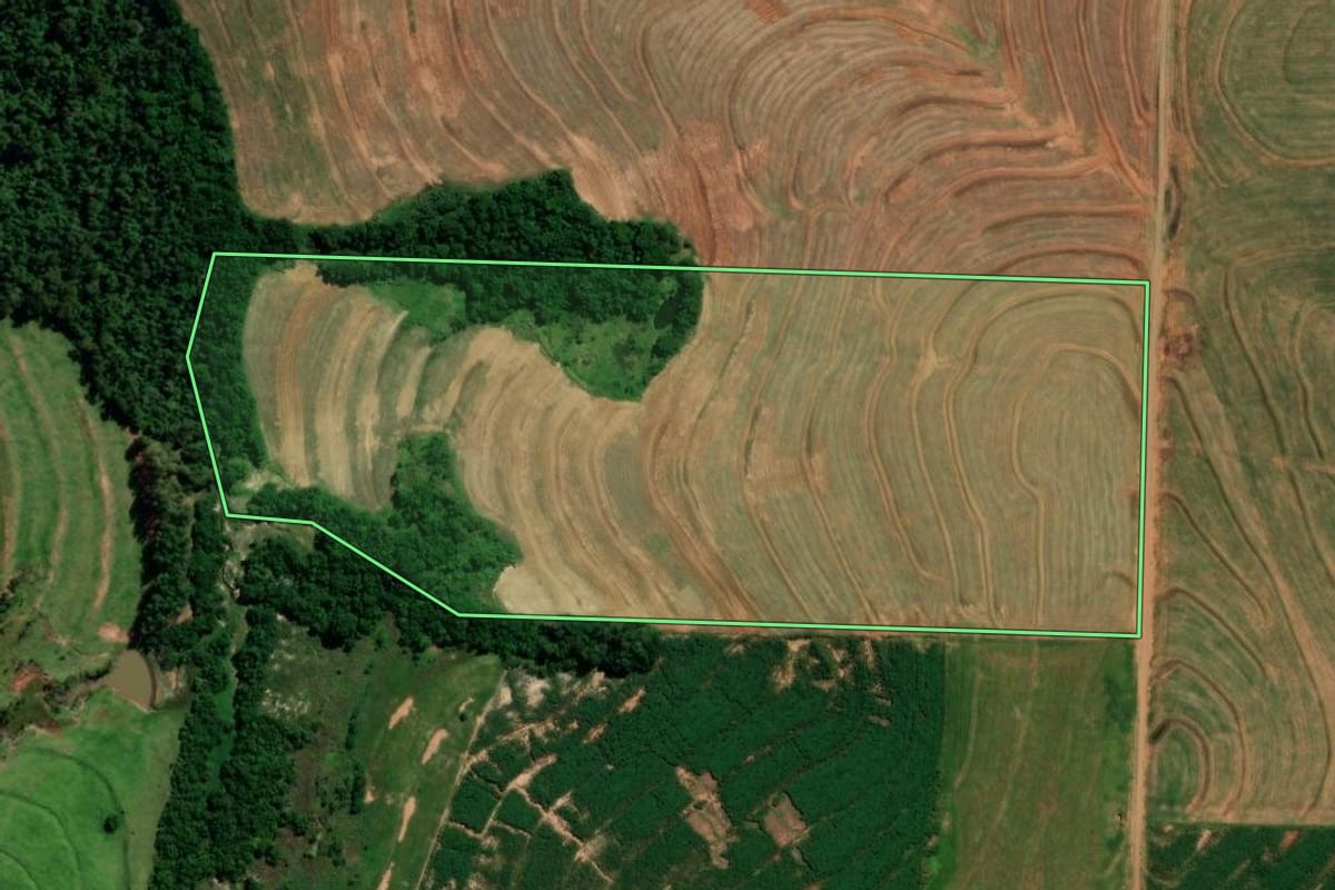 Imagem de satélite do imóvel rural em Moreira Sales (PR), com o contorno declarado no CAR desenhado por cima.