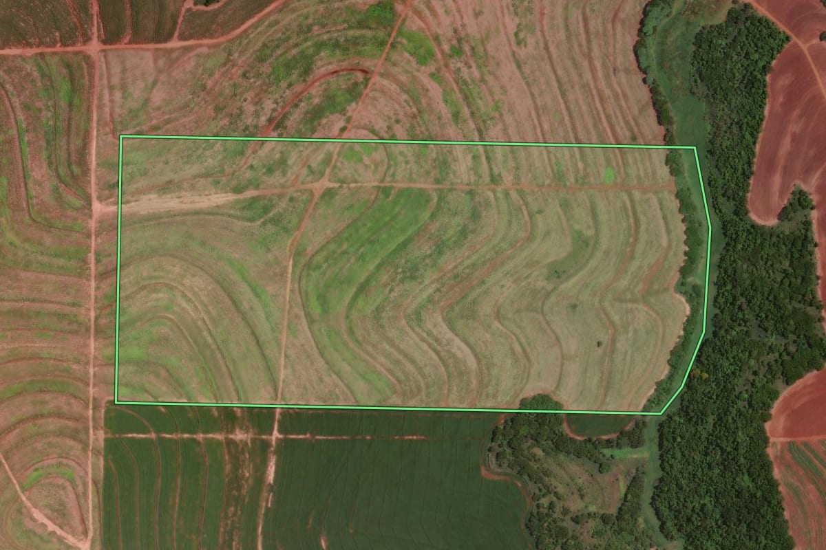 Imagem de satélite do imóvel rural em Moreira Sales (PR), com o contorno declarado no CAR desenhado por cima.