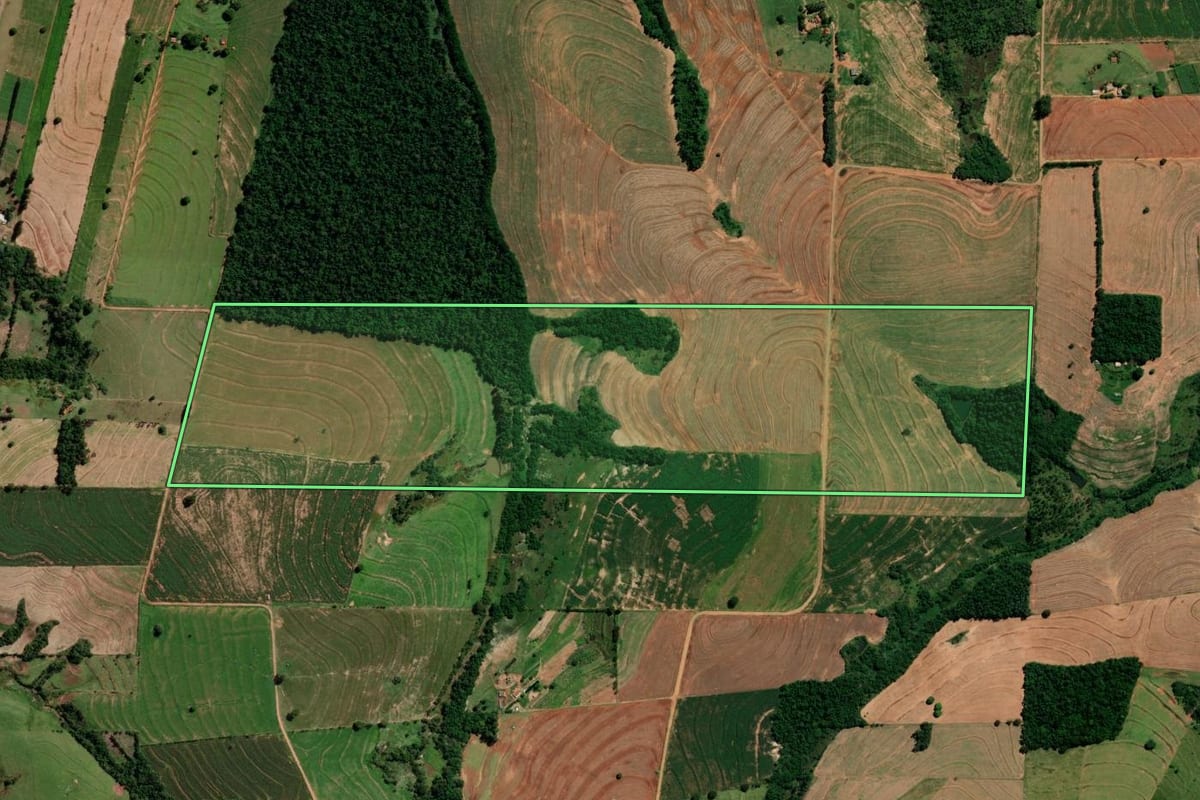 Imagem de satélite do imóvel rural em Moreira Sales (PR), com o contorno declarado no CAR desenhado por cima.