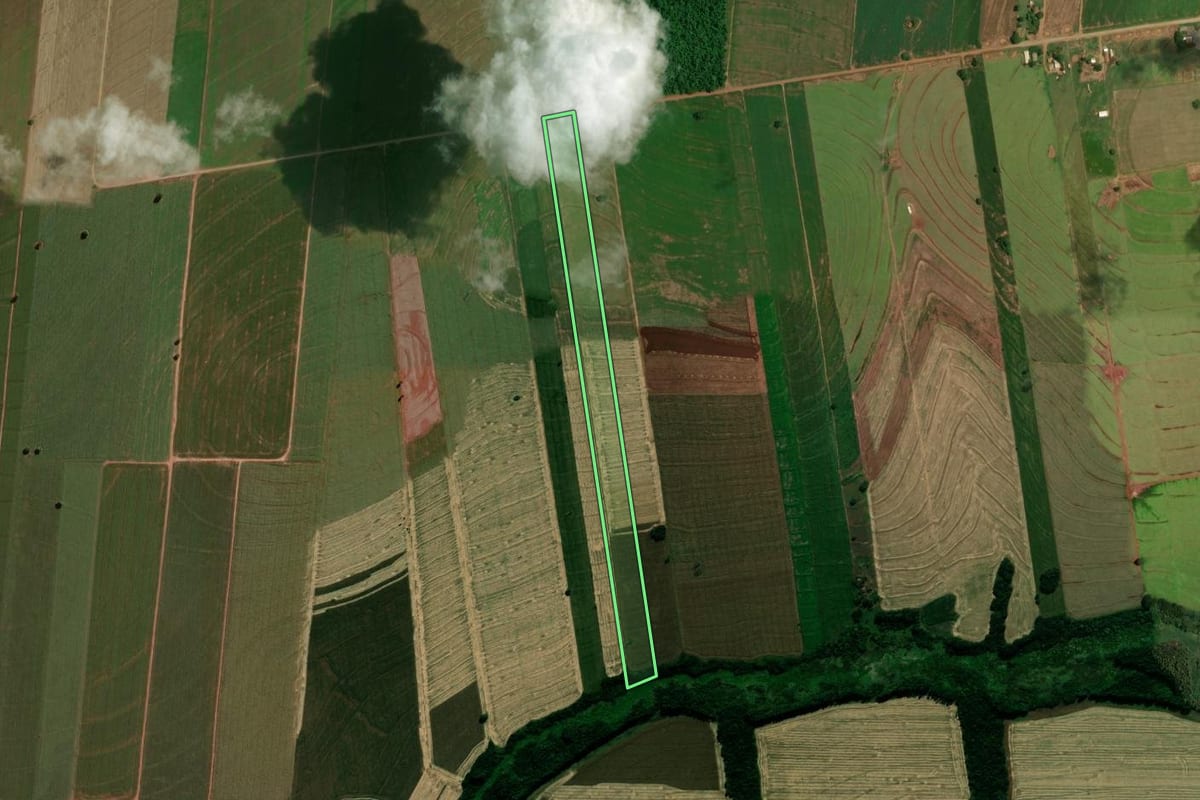 Imagem de satélite do imóvel rural em Moreira Sales (PR), com o contorno declarado no CAR desenhado por cima.