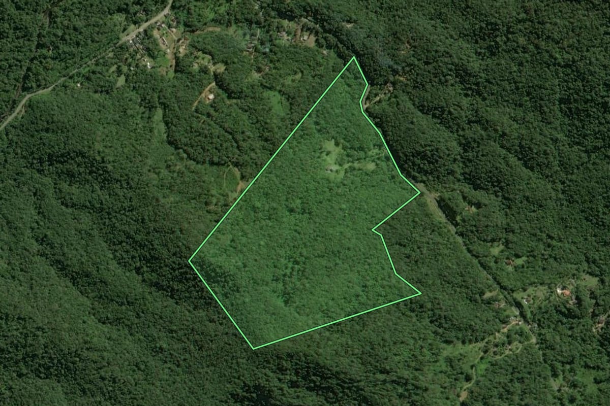 Imagem de satélite do imóvel rural em Morretes (PR), com o contorno declarado no CAR desenhado por cima.