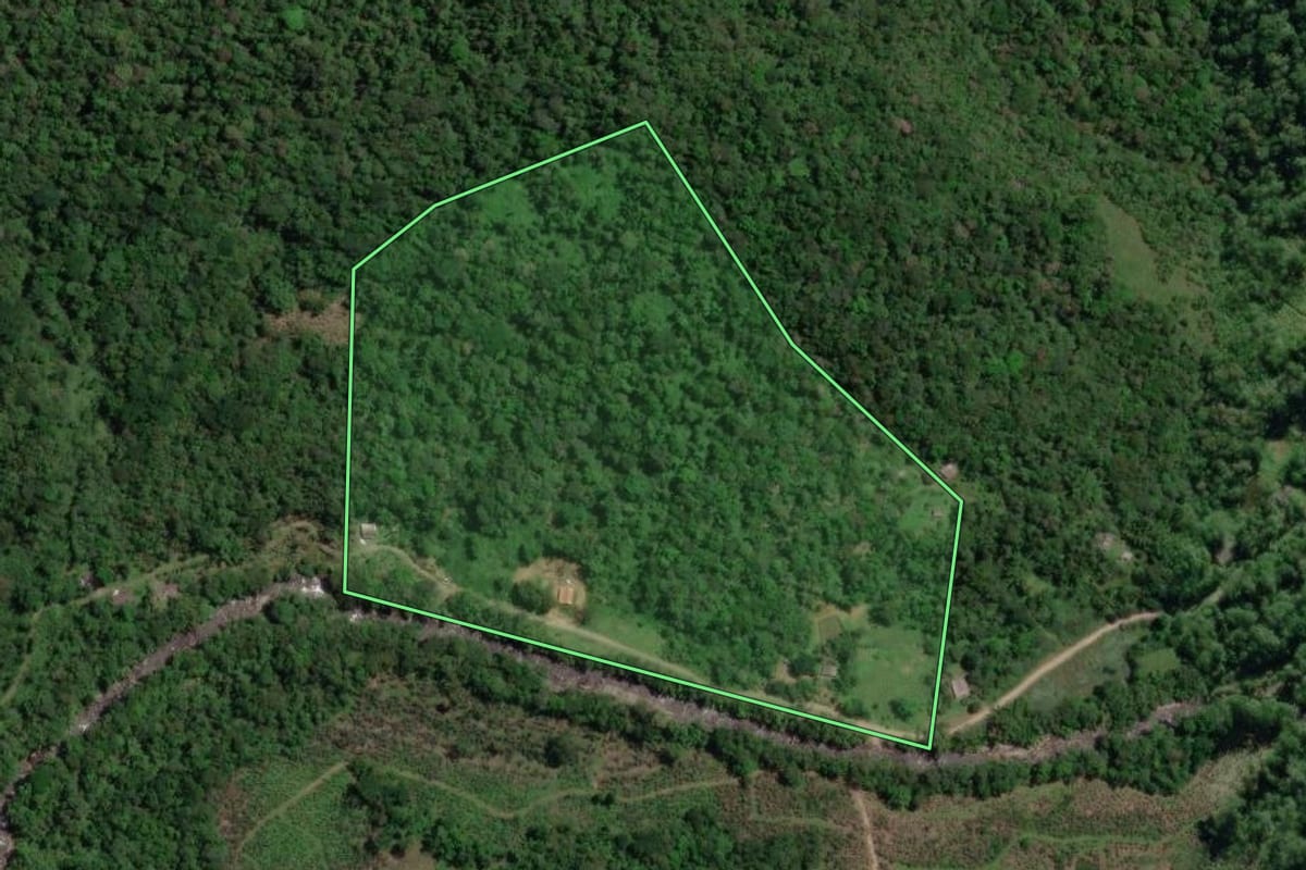 Imagem de satélite do imóvel rural em Morretes (PR), com o contorno declarado no CAR desenhado por cima.