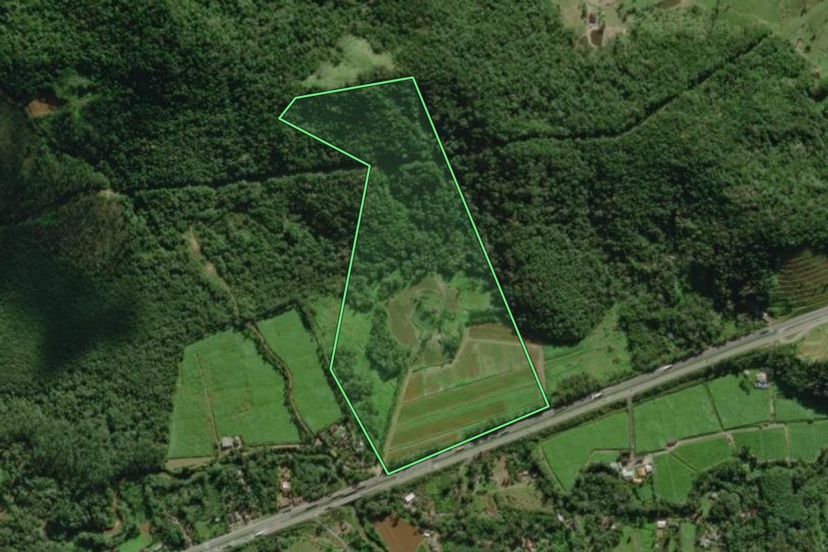 Imagem de satélite do imóvel rural em Morretes (PR), com o contorno declarado no CAR desenhado por cima.