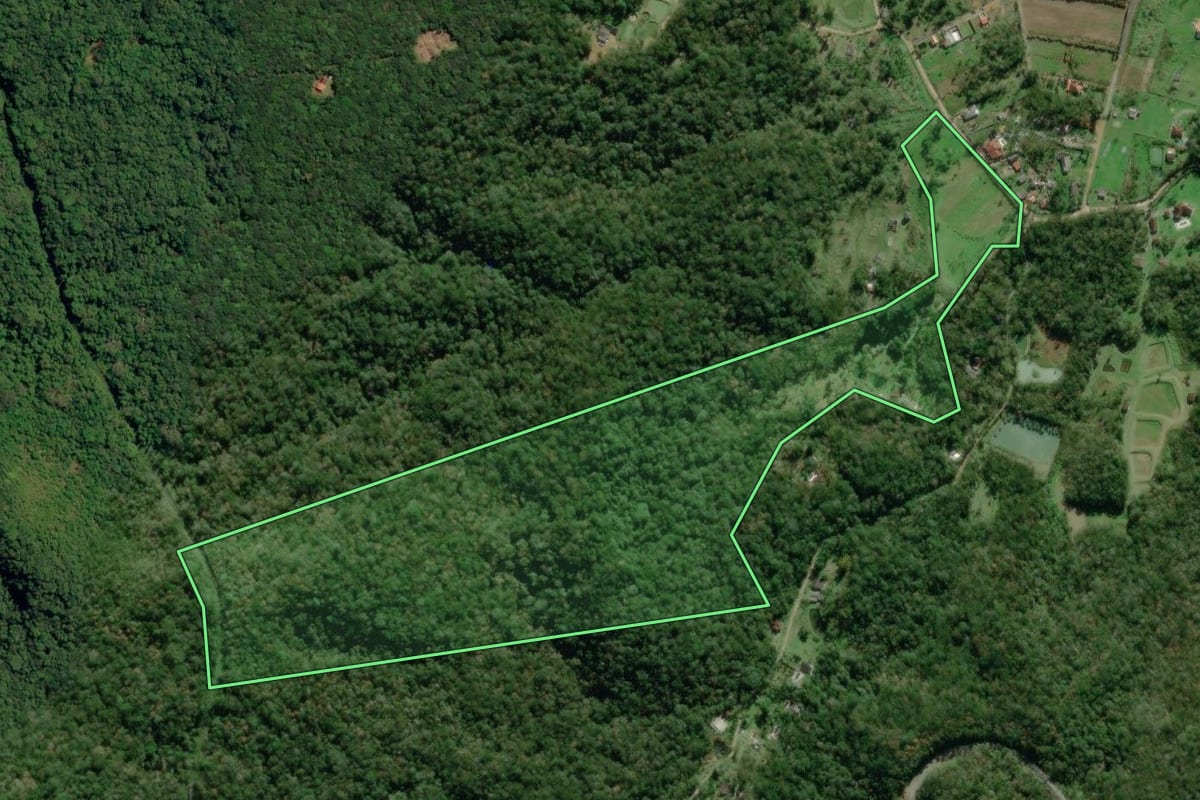 Imagem de satélite do imóvel rural em Morretes (PR), com o contorno declarado no CAR desenhado por cima.
