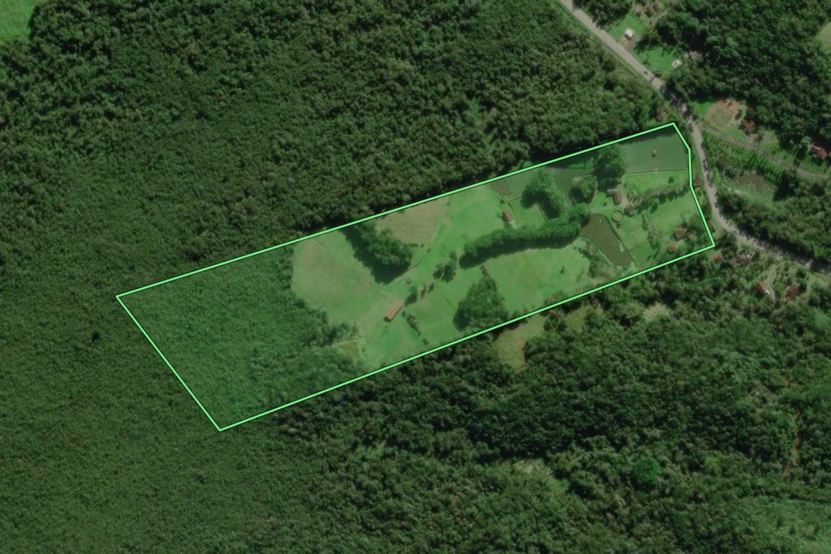 Imagem de satélite do imóvel rural em Morretes (PR), com o contorno declarado no CAR desenhado por cima.