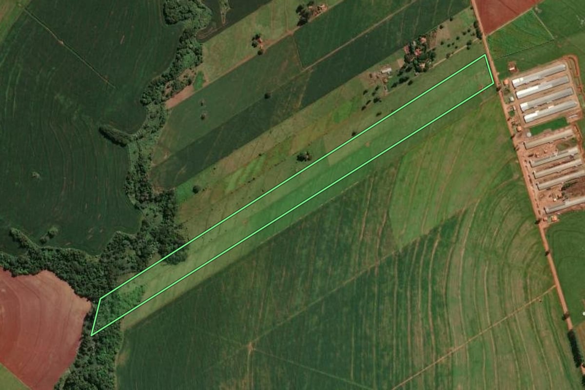 Imagem de satélite do imóvel rural em Munhoz de Melo (PR), com o contorno declarado no CAR desenhado por cima.