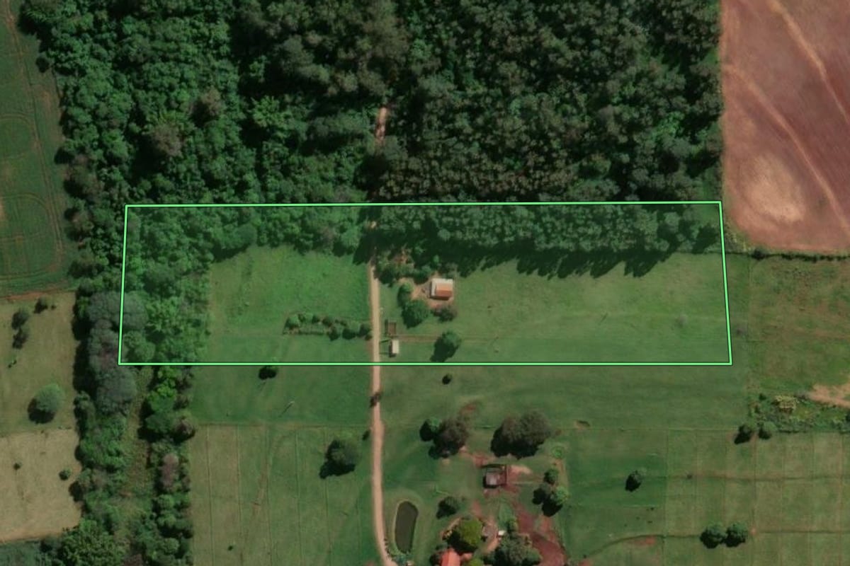 Imagem de satélite do imóvel rural em Munhoz de Melo (PR), com o contorno declarado no CAR desenhado por cima.