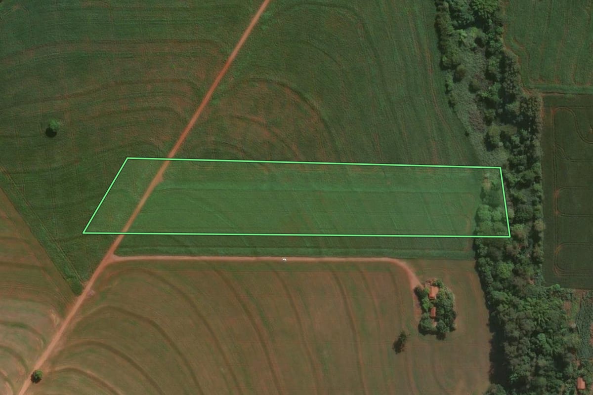 Imagem de satélite do imóvel rural em Munhoz de Melo (PR), com o contorno declarado no CAR desenhado por cima.