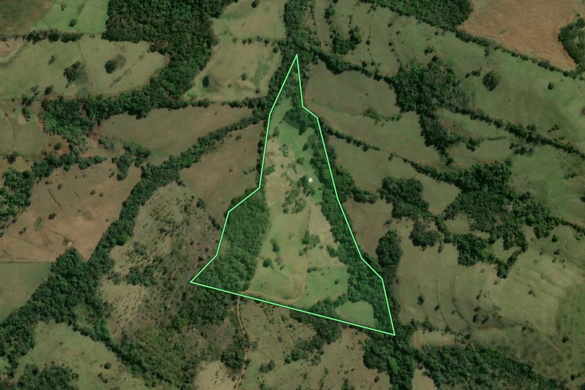 Imagem de satélite do imóvel rural em Nova América da Colina (PR), com o contorno declarado no CAR desenhado por cima.