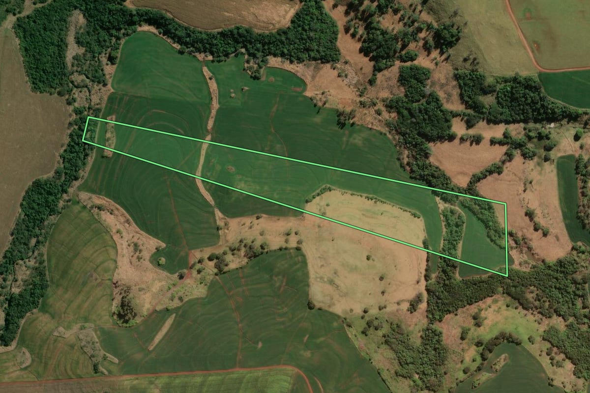 Imagem de satélite do imóvel rural em Nova América da Colina (PR), com o contorno declarado no CAR desenhado por cima.