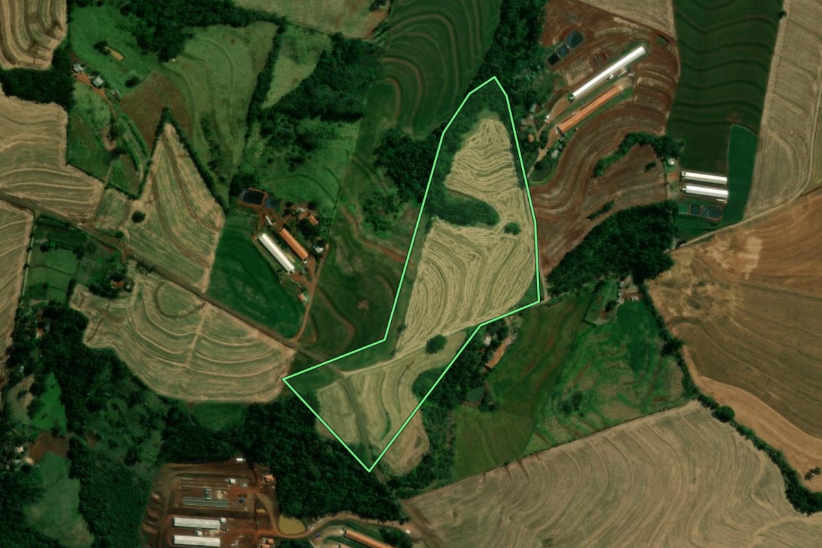 Imagem de satélite do imóvel rural em Nova Aurora (PR), com o contorno declarado no CAR desenhado por cima.