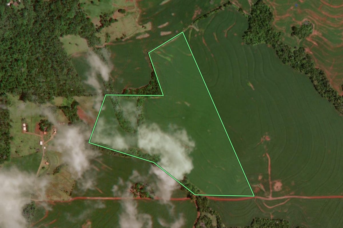 Imagem de satélite do imóvel rural em Nova Aurora (PR), com o contorno declarado no CAR desenhado por cima.
