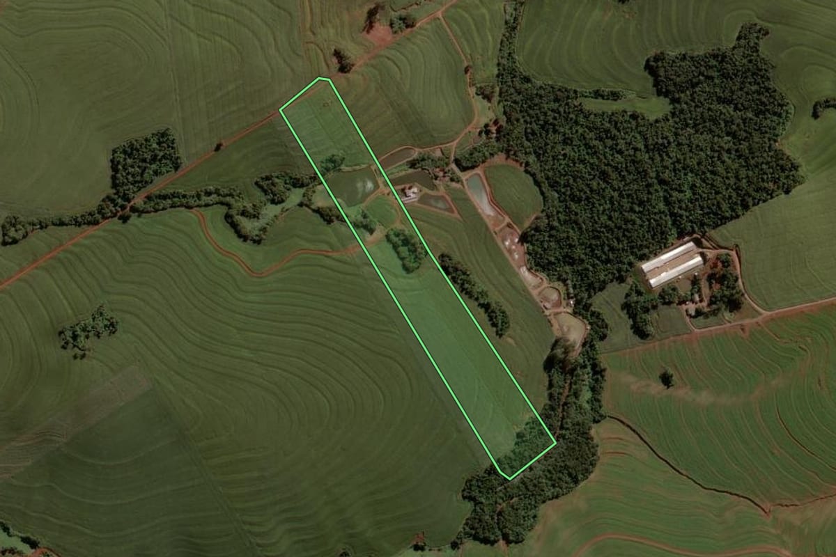 Imagem de satélite do imóvel rural em Nova Aurora (PR), com o contorno declarado no CAR desenhado por cima.