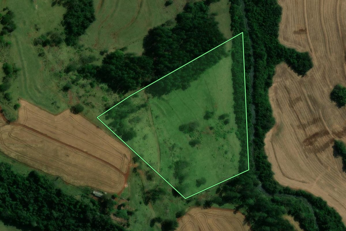 Imagem de satélite do imóvel rural em Nova Aurora (PR), com o contorno declarado no CAR desenhado por cima.