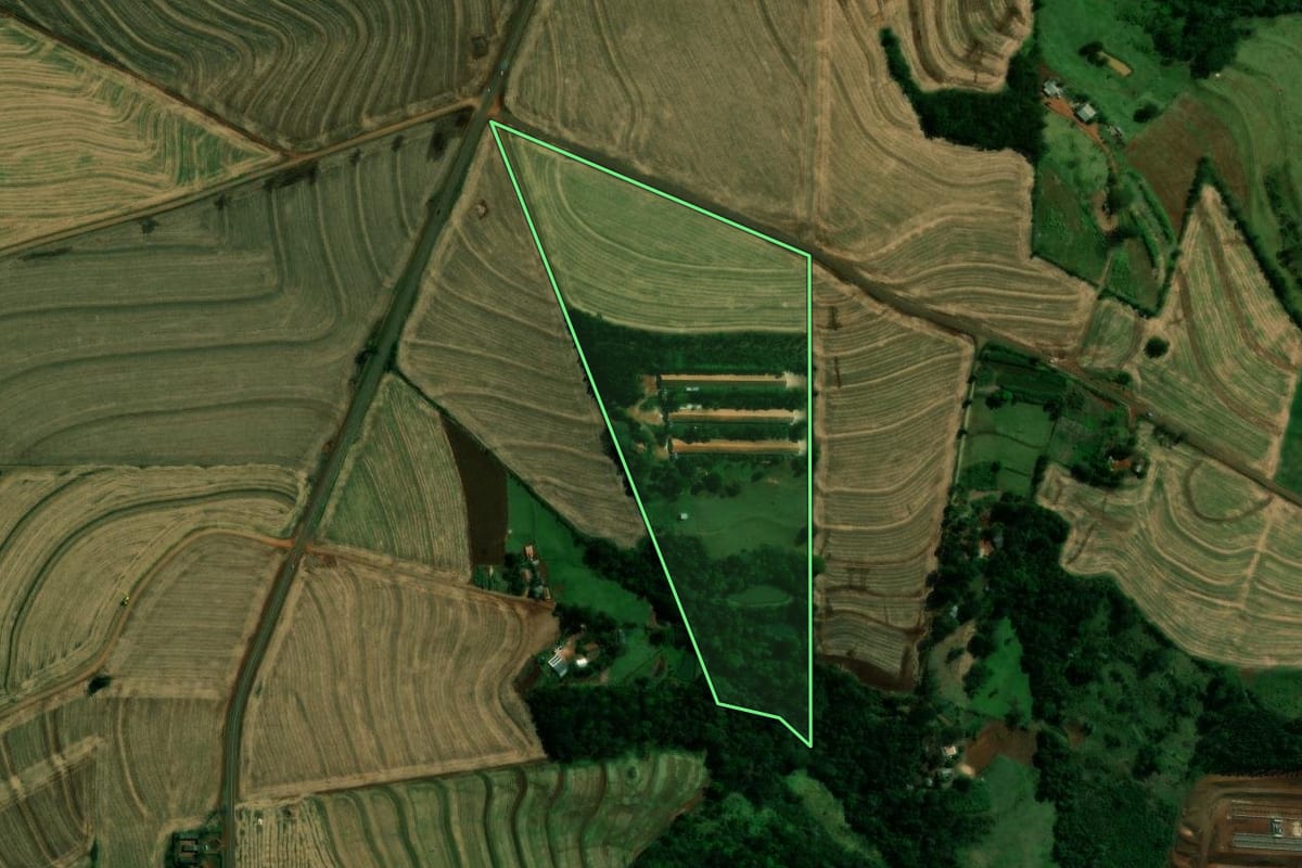 Imagem de satélite do imóvel rural em Nova Aurora (PR), com o contorno declarado no CAR desenhado por cima.