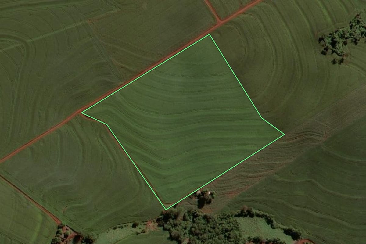 Imagem de satélite do imóvel rural em Nova Aurora (PR), com o contorno declarado no CAR desenhado por cima.